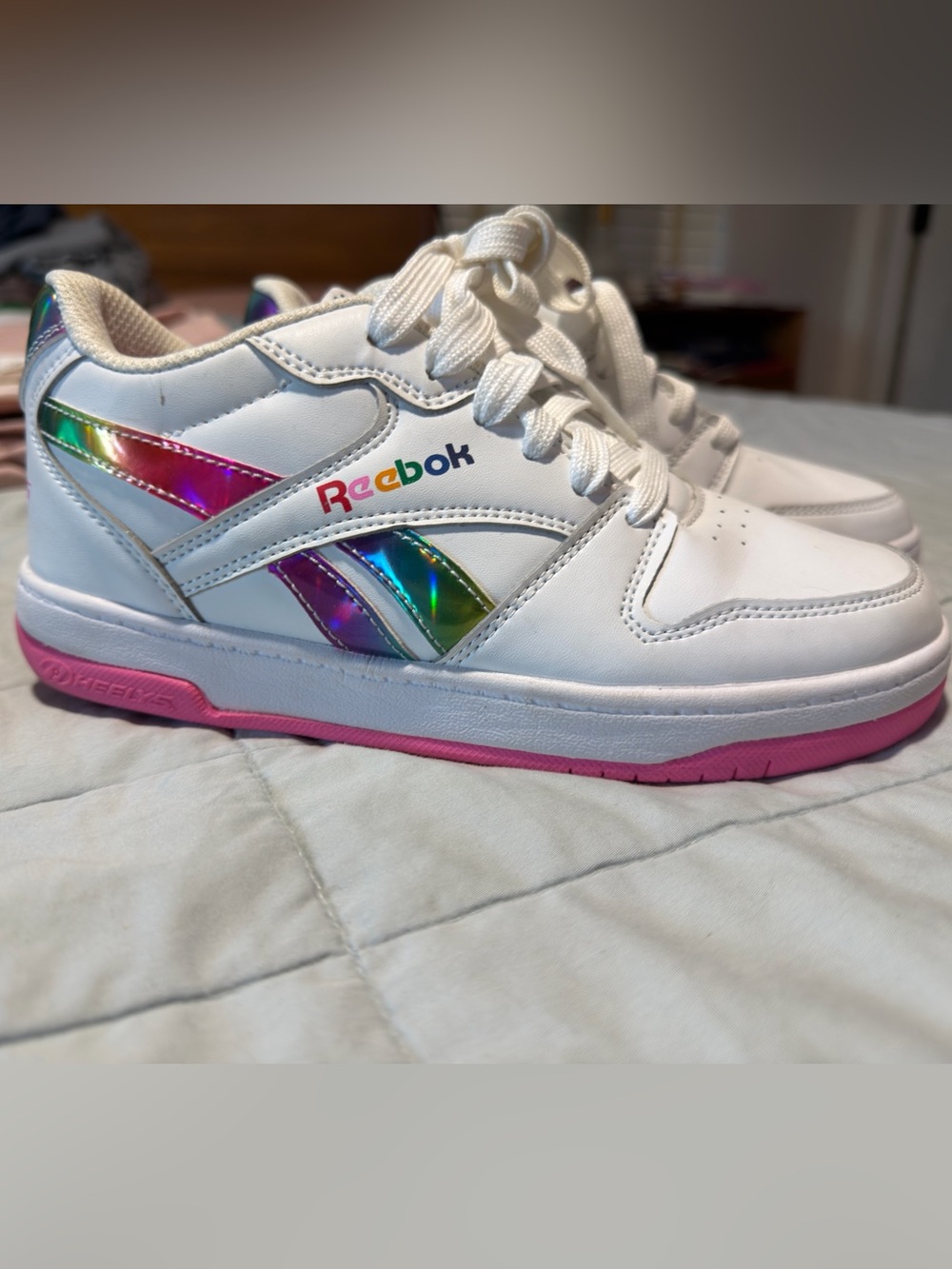 Heelys Reebok Sneakers with Iridescent Rainbow Accents and Pink Sole